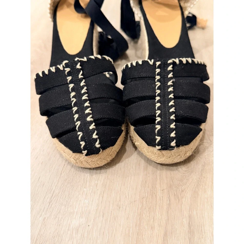 Castañer Cici Espadrille Wedge Sandals US 10 Black Ankle Tie Boho Coastal Resort